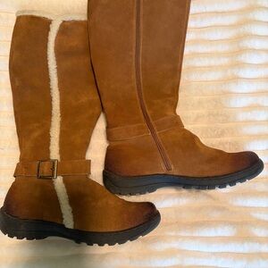 Women's Brown Suede Knee-High Winter Boots with Shearling Trim
